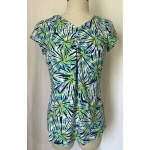 Liz Claiborne Blue Green Floral Cotton Top Tee Shirt Womens M